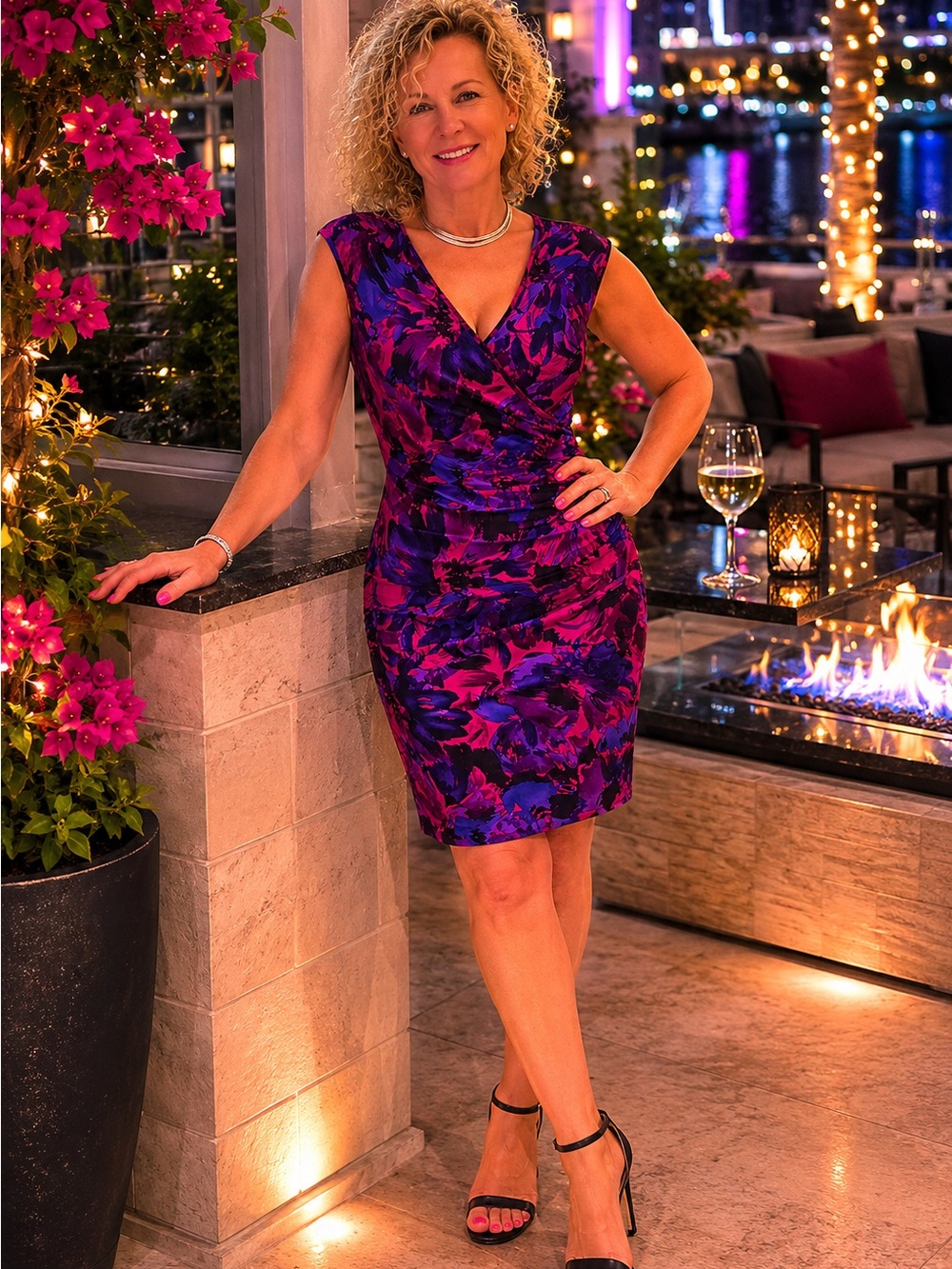 Chaps Fuchsia and Purple Floral Faux-Wrap Midi Dress